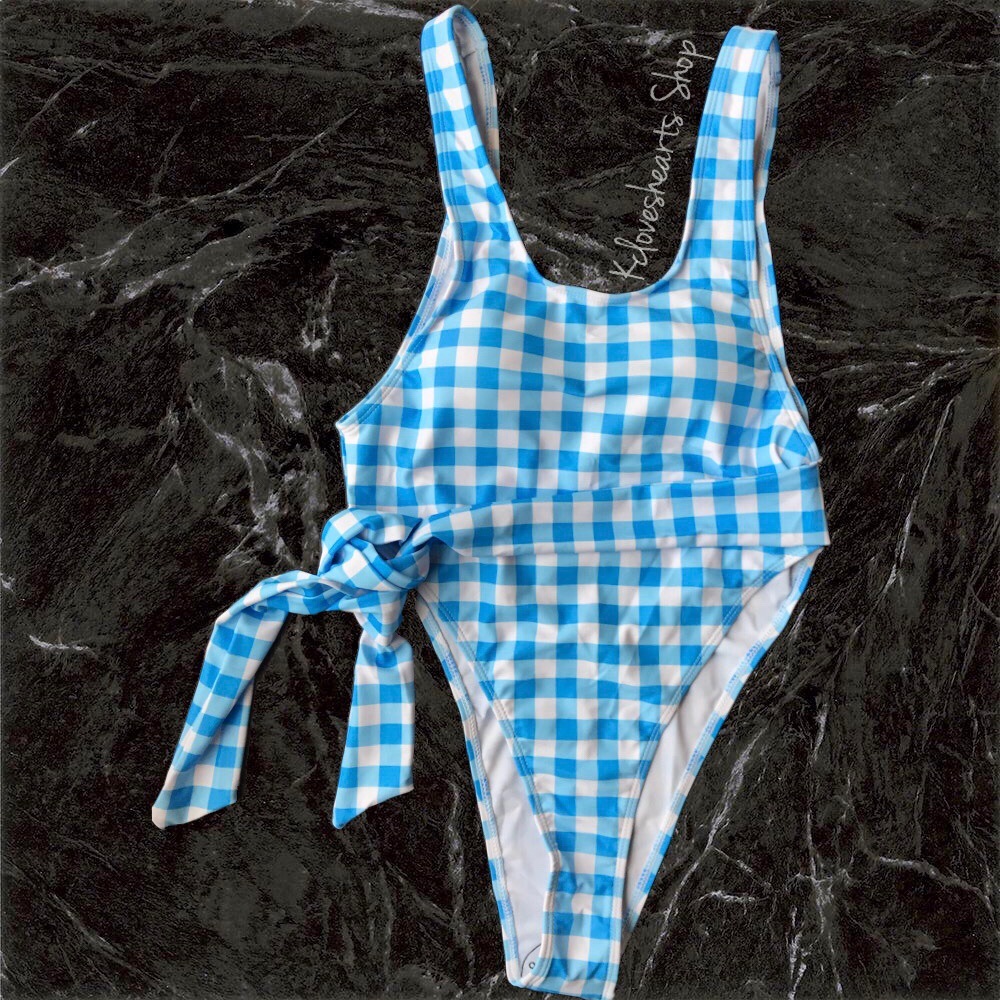 Checkered Printed Tie Cutout Low Cut One Piece Swimsuit - Picture 3 of 4